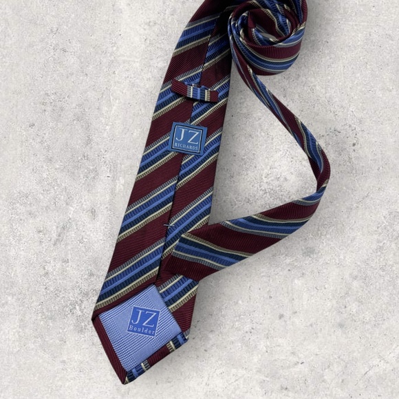 J Z RICHARDS XL Burgundy/Blue Striped Silk LUXURY Tie USA - Picture 2 of 5
